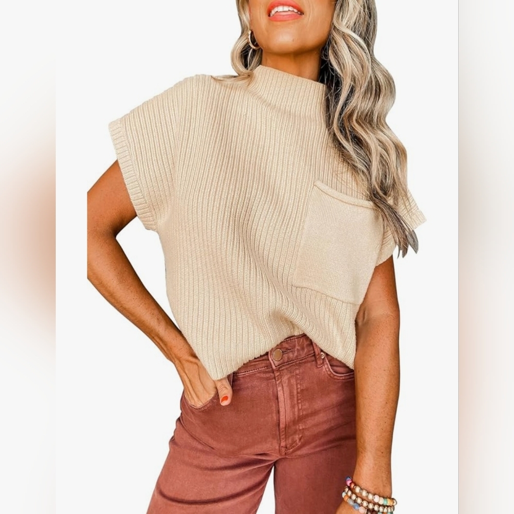 Women's Short Sleeve Sweater Pullover High Neck Patch Pocket Ribbed Casual Knit